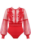 Lace Mesh Bodysuit - black and red - sky williams collections