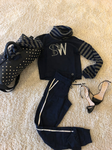 High Neck Navy Blue SW Bling Fashion Tracksuit - sky williams collections