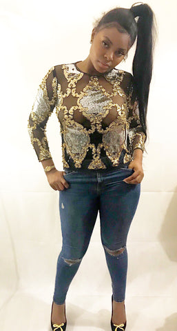 Long Sleeve Mesh Sexy Shirt Pearl embroidery Tee Gold Bling - sky williams collections
