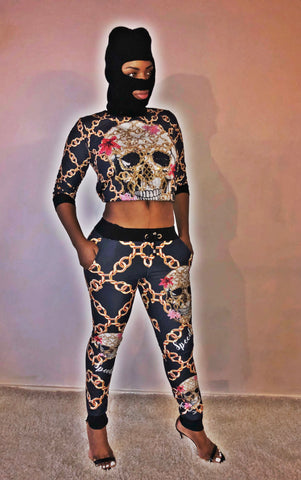 Skull Crystal embroidered 2 piece lounge set - sky williams collections