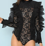 Ruffle Embellished Sheer Lace Bodysuit - sky williams collections