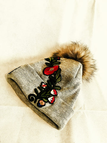 Embroidery Fur Ball Wool Beanie (Available in other colours) - sky williams collections