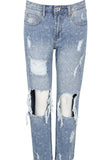 Blue Printed Washed Distressed Jeans - sky williams collections