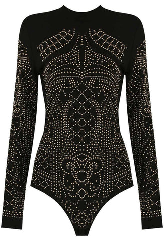 Gold Studded Detail Bodysuit (Black) - sky williams collections
