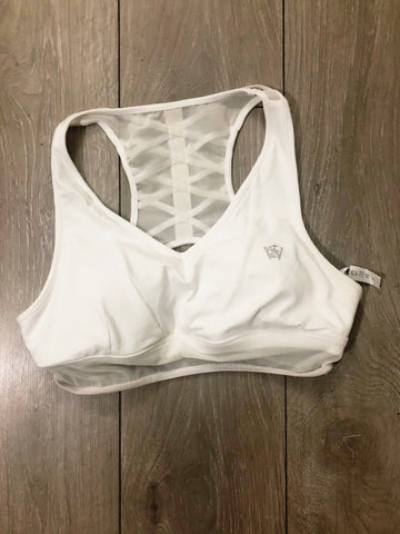 Mesh Insert Cutout Racerback Sports Bra - White - sky williams collections